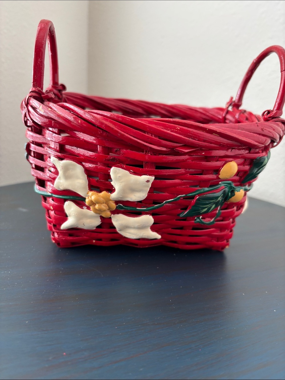 Festive Red Woven Holiday Basket with White Floral Accent